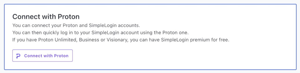 Proton と SimpleLogin のアカウント連携画面